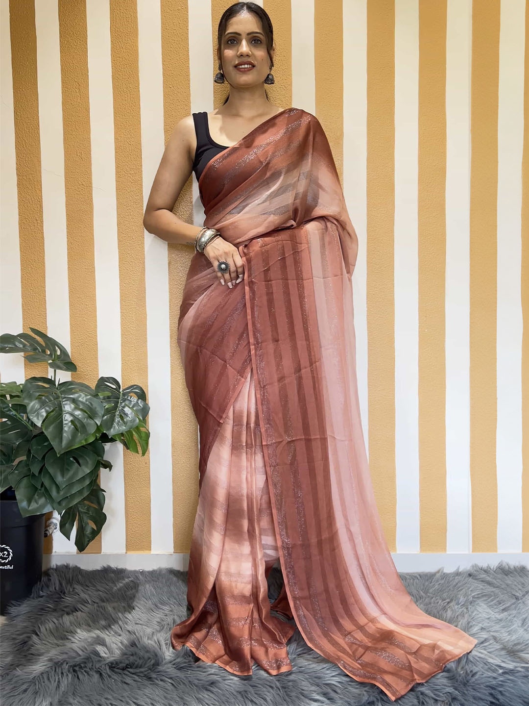 

Mitera Striped Pure Chiffon Ready to Wear Saree, Brown