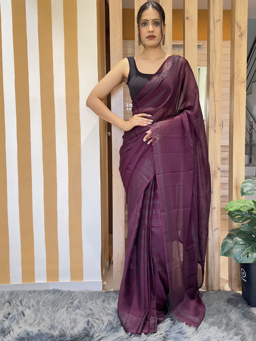 

Mitera Striped Pure Chiffon Ready to Wear Saree, Purple