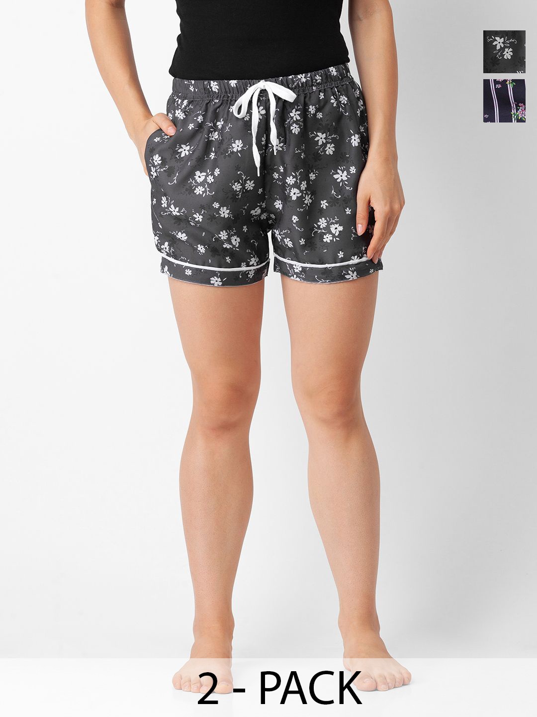 

NOIRA Women Pack Of 2 Printed Mid-Rise Lounge Shorts, Black