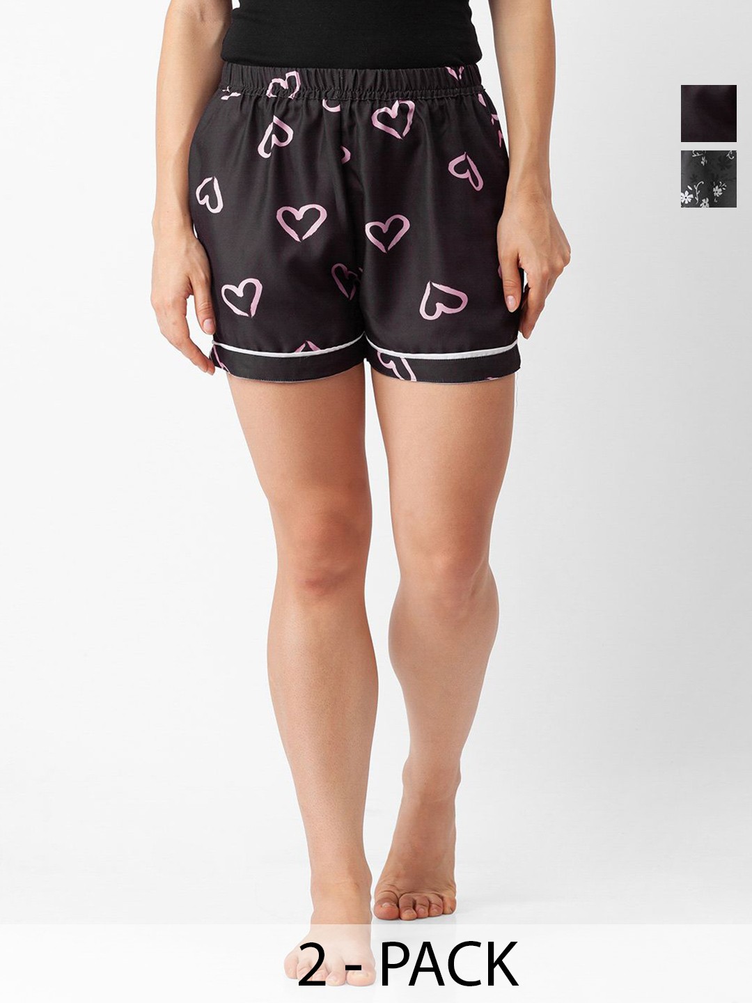 

NOIRA Women Pack Of 2 Printed Lounge Shorts, Black
