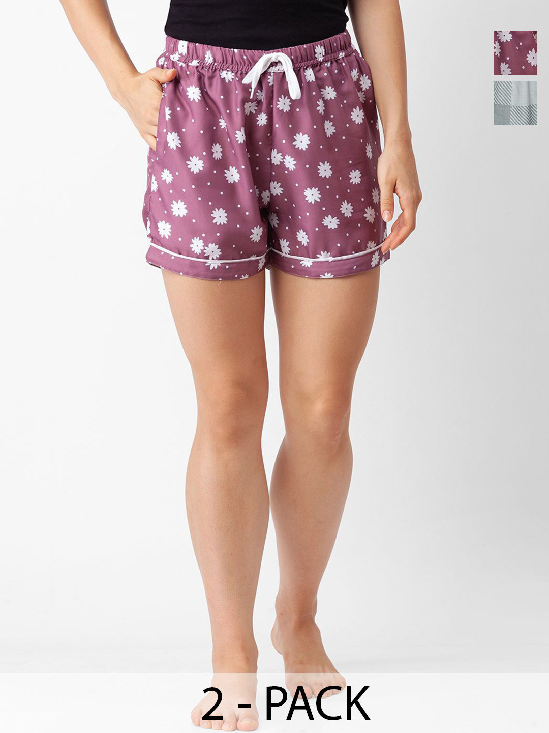 

NOIRA Women Pack Of 2 Printed Lounge Shorts, Purple