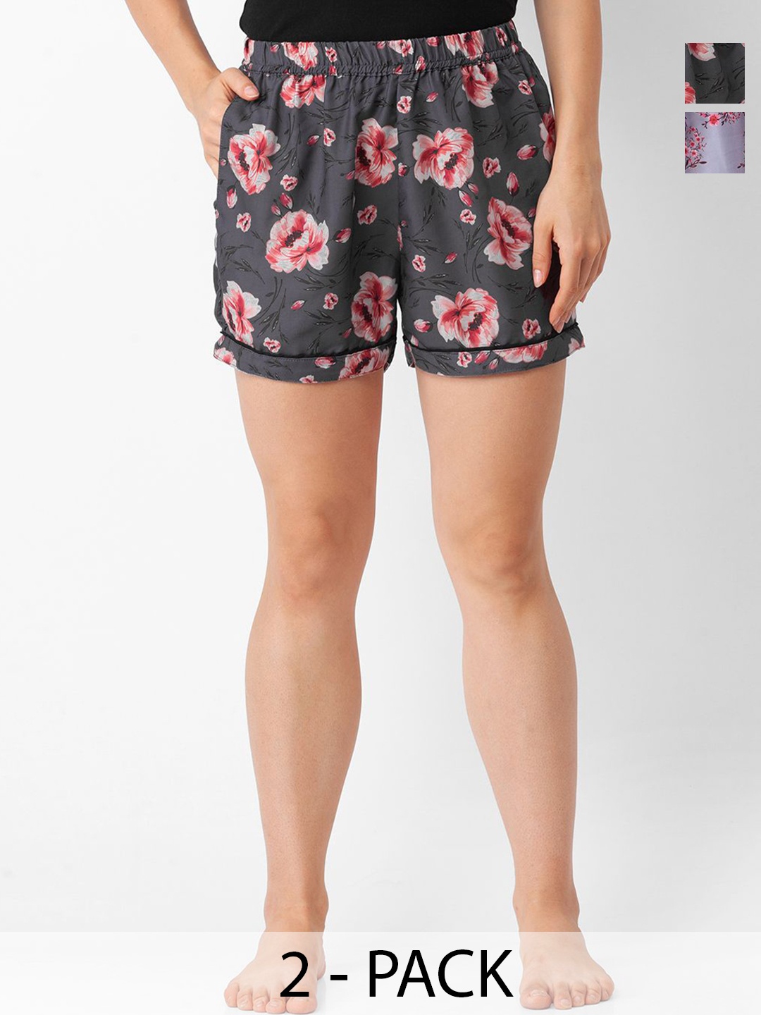 

NOIRA Women Pack Of 2 Floral Printed Lounge Shorts, Black