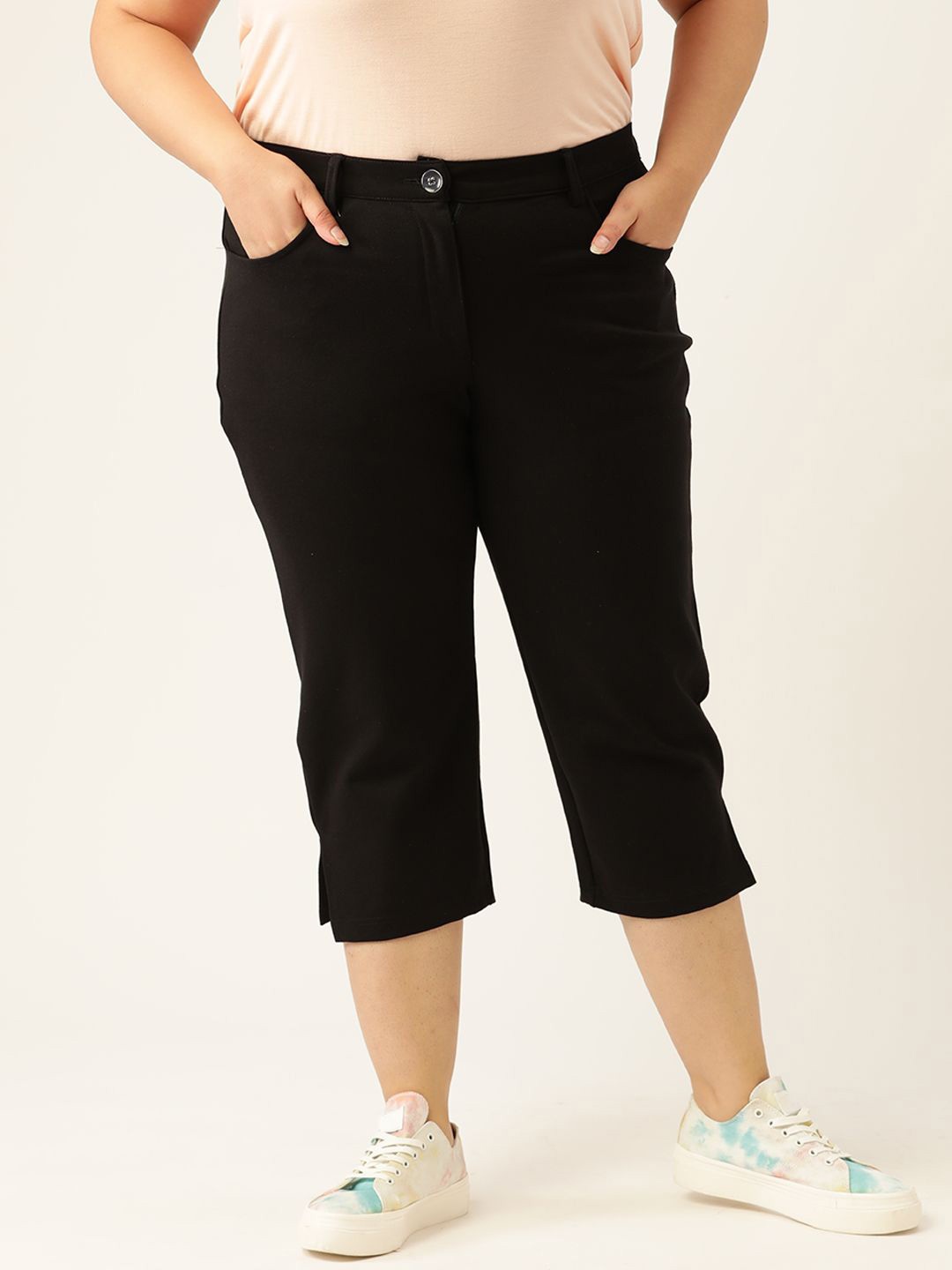 

theRebelinme Women Plus Size High-Rise Regular Fit Capris, Black