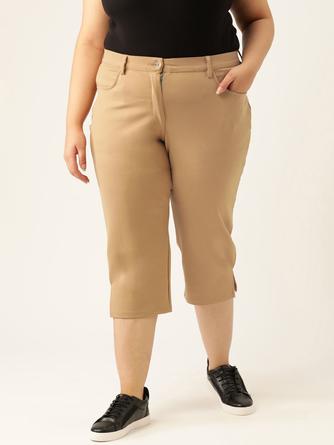 

theRebelinme Women Plus Size High-Rise Capris, Beige