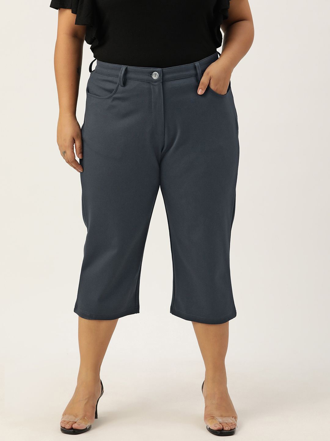 

theRebelinme Women Plus Size Cotton Knitted Capris, Grey