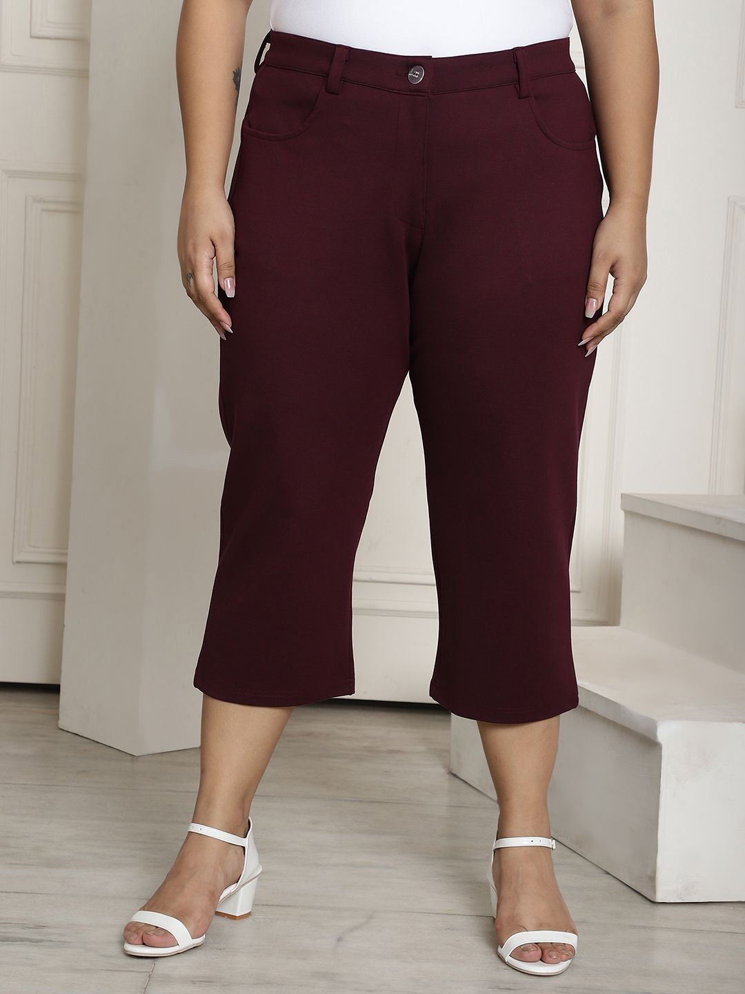 

theRebelinme Women Cotton Plus Size High-Rise Casual Capris, Burgundy