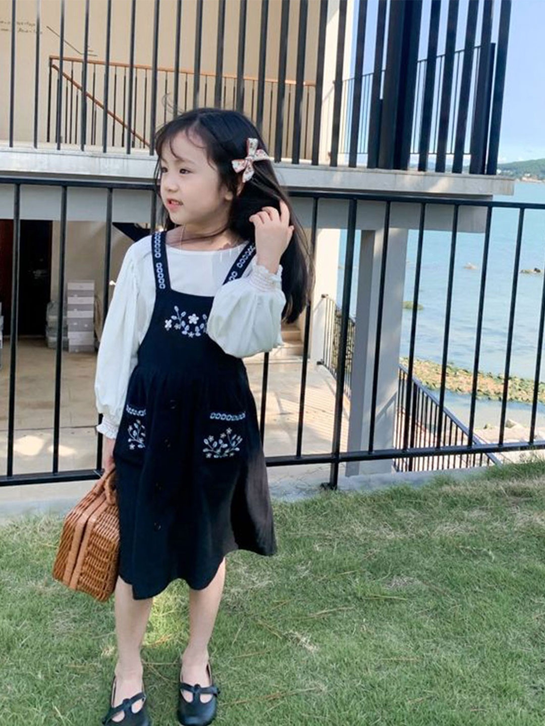 

LULU & SKY Girls Embroidered Pure Cotton Pinafore Dress, Black