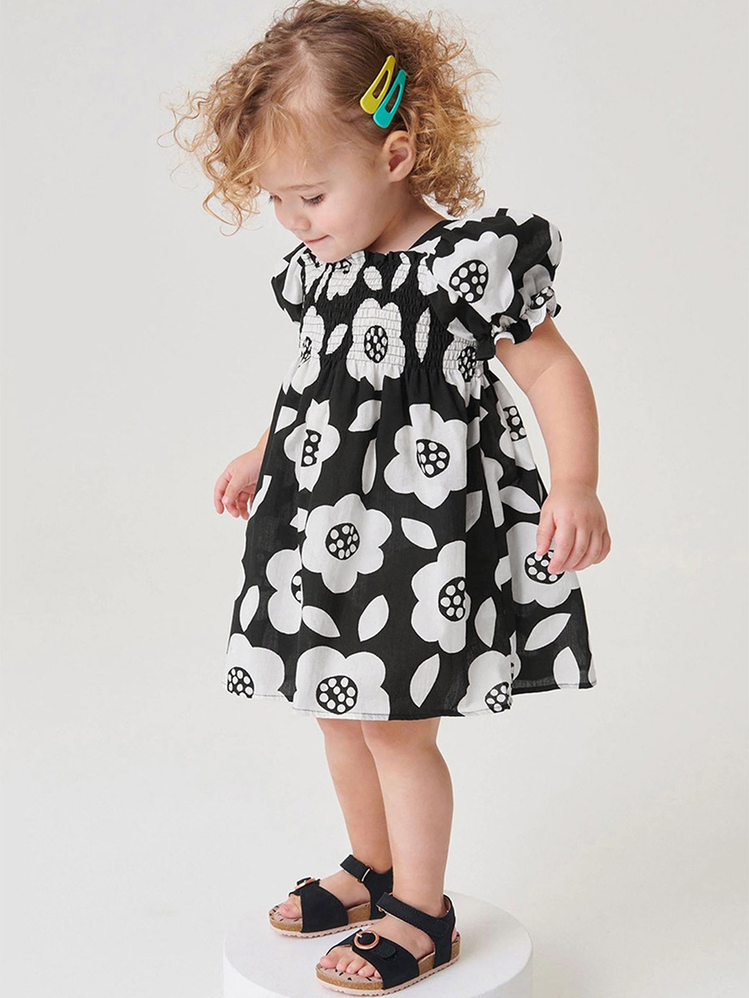 

LULU & SKY Girls Floral Print Puff Sleeve Fit & Flare Dress, Black