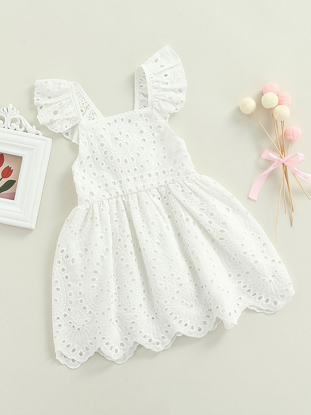 

LULU & SKY Girls Self Design Flutter Sleeve Fit & Flare Dress, White