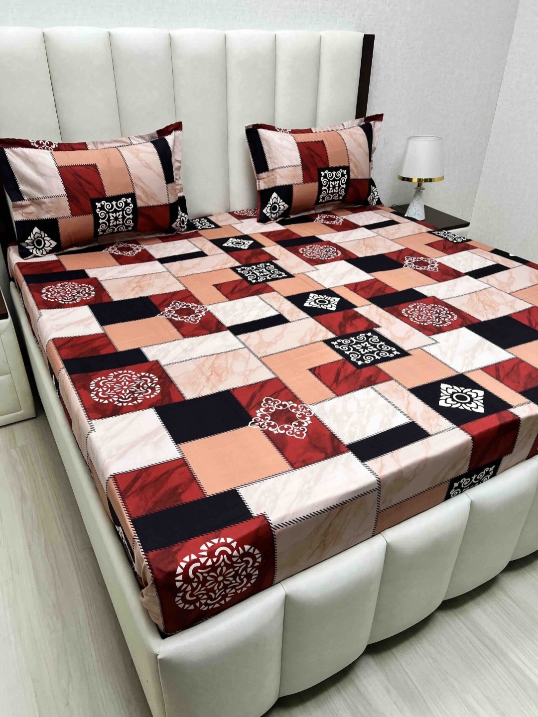 Pure Decor Passion Fur White & Black Ethnic Cotton 300 TC Queen Bedsheet Set-2.28mx2.54m