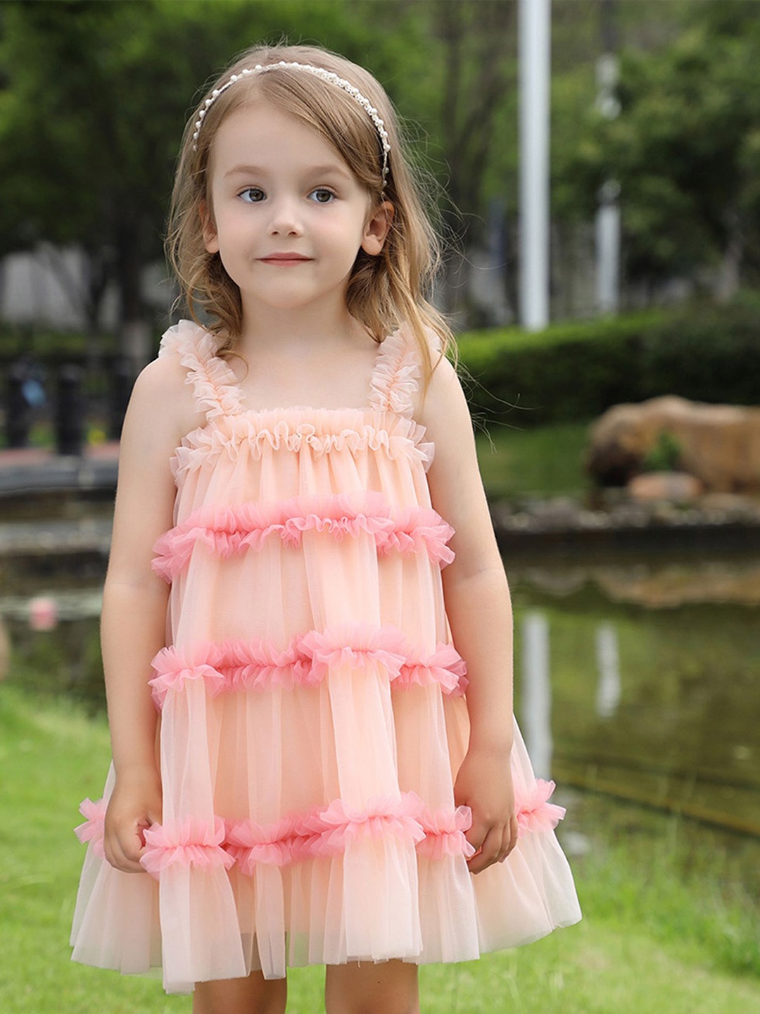 

LULU & SKY Girls Self Design A-Line Dress, Peach