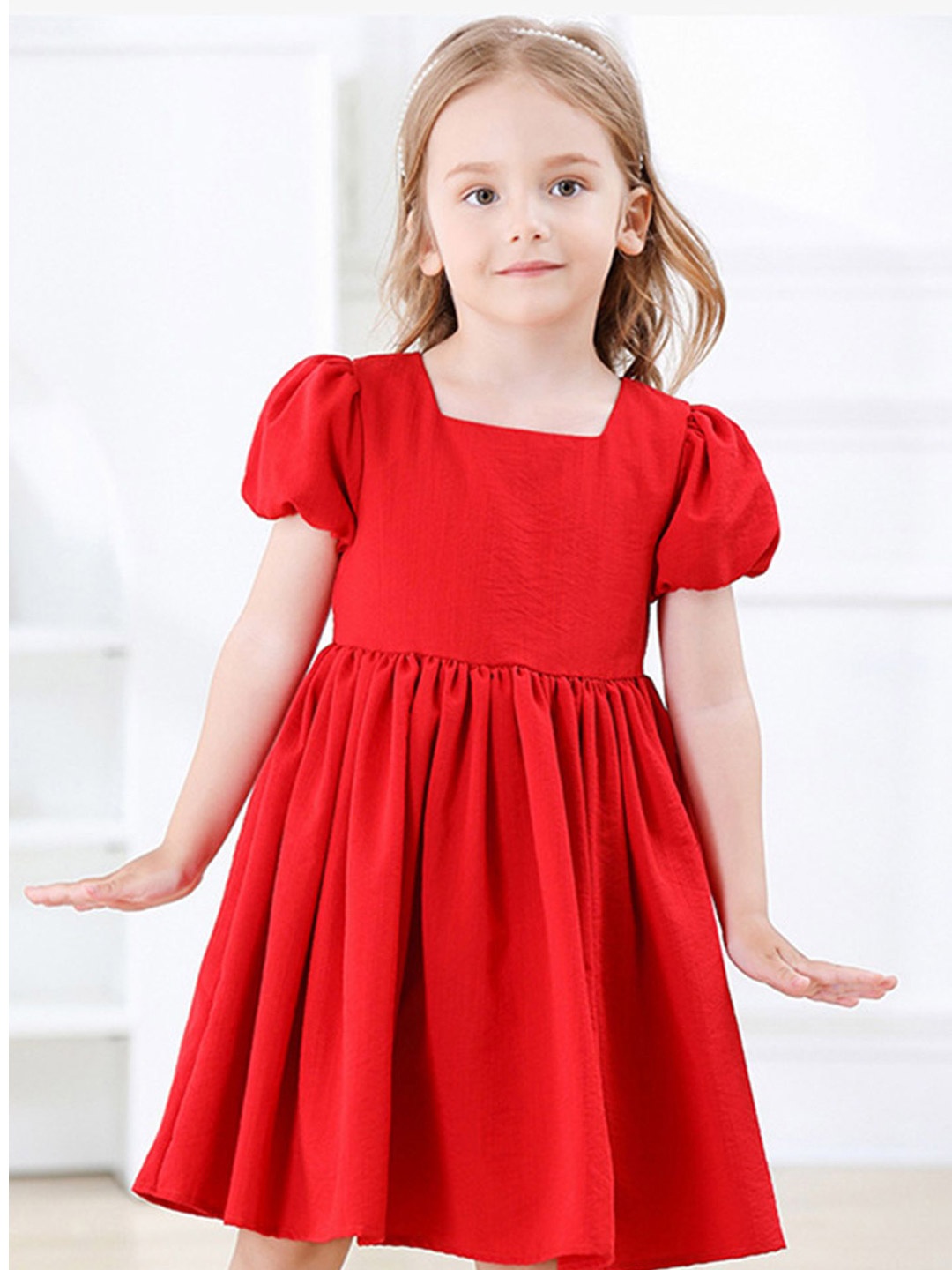 

LULU & SKY Girls Puff Sleeve Fit & Flare Dress, Red