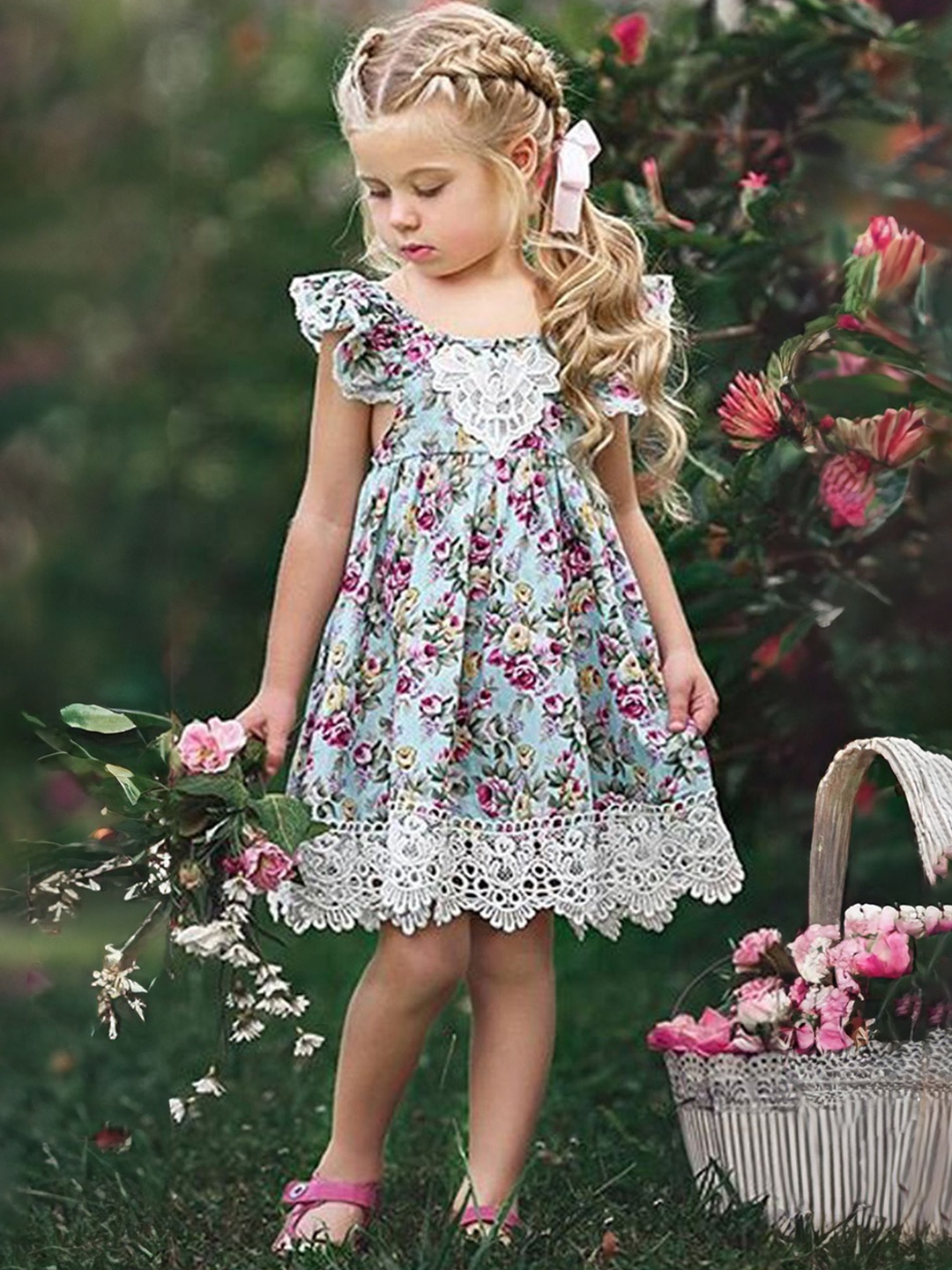 

LULU & SKY Girls Floral Print Flutter Sleeve A-Line Dress, Blue