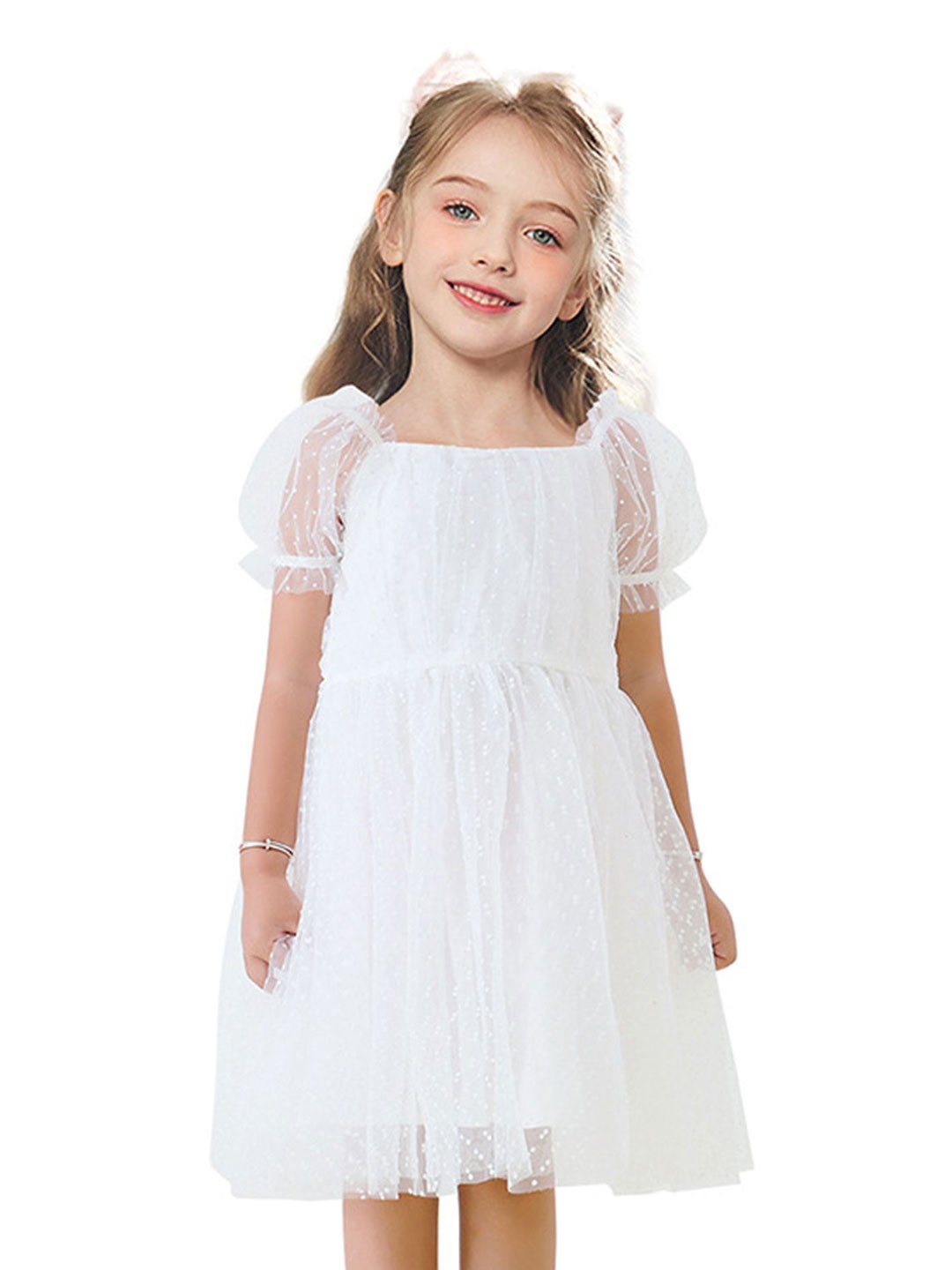 

LULU & SKY Girls Embellished Puff Sleeves Fit & Flare Dress, White