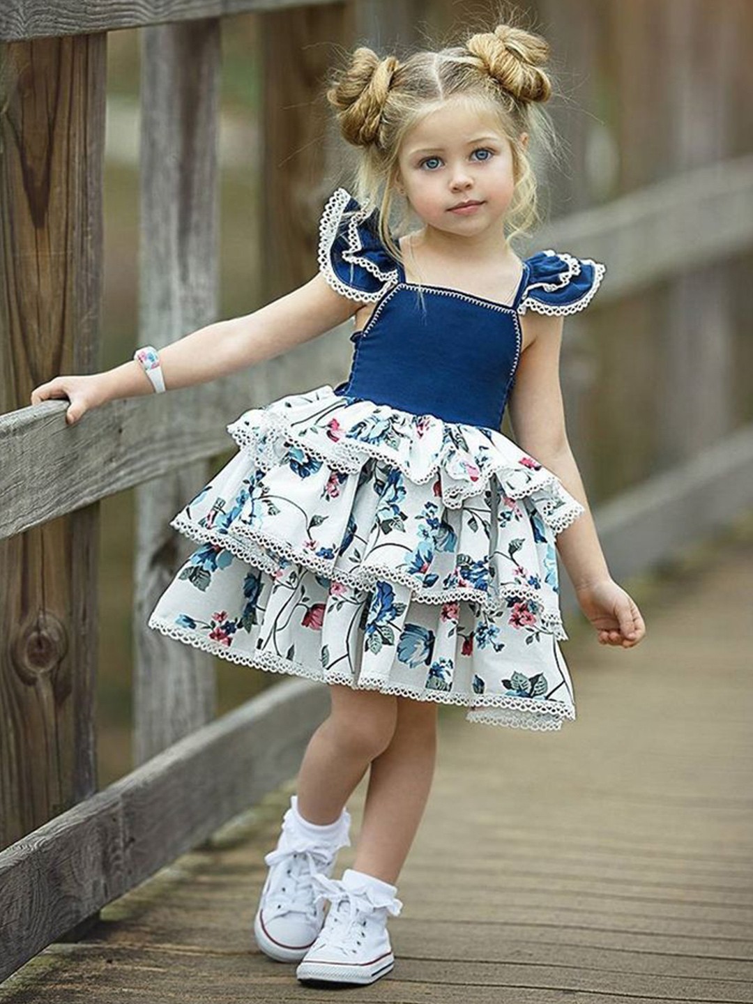 

LULU & SKY Girls Floral Print Fit & Flare Tiered Dress, Navy blue