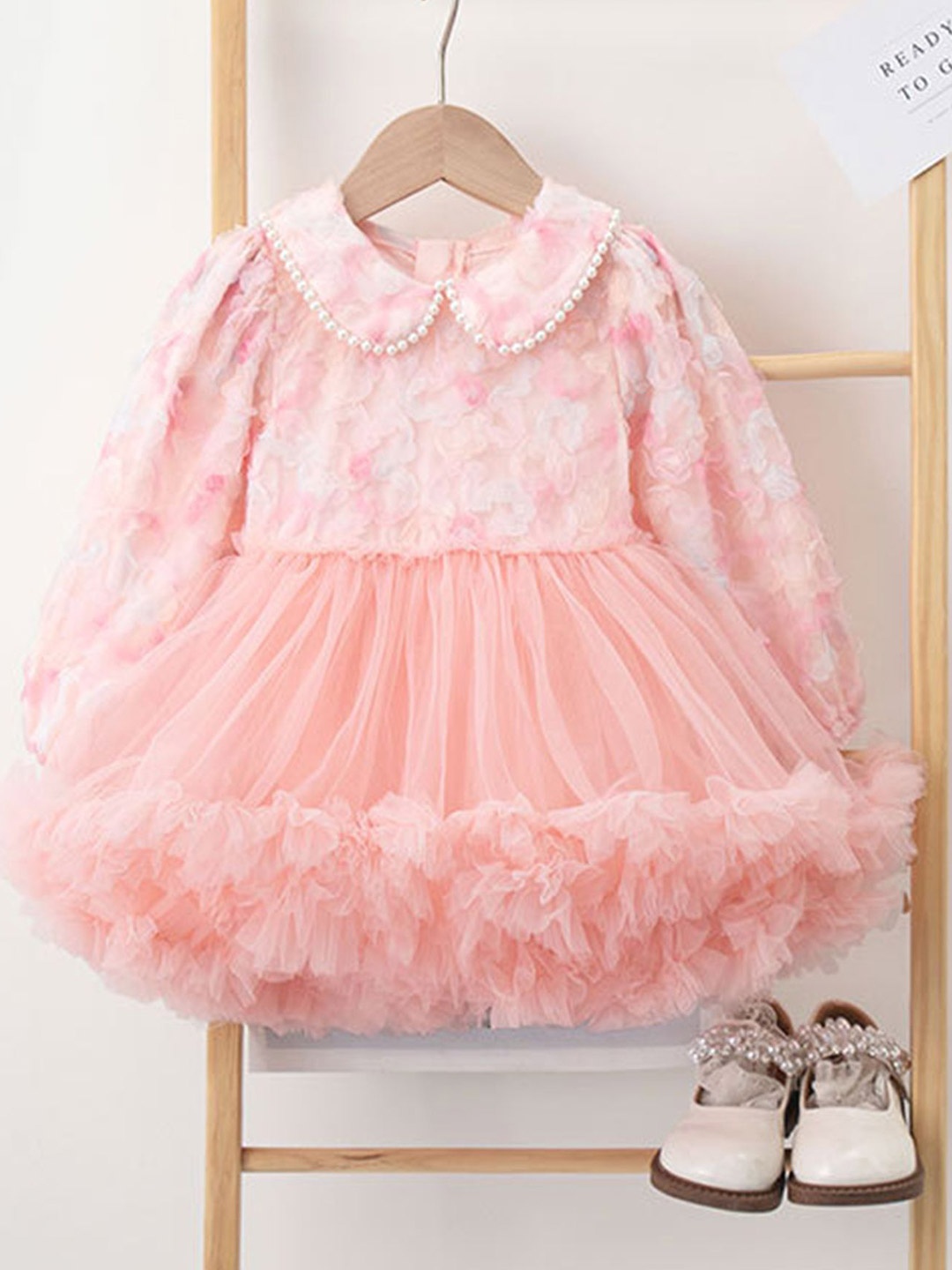 

LULU & SKY Girls Embellished Floral Peter Pan Collar Puff Sleeve Fit and Flare Dress, Pink