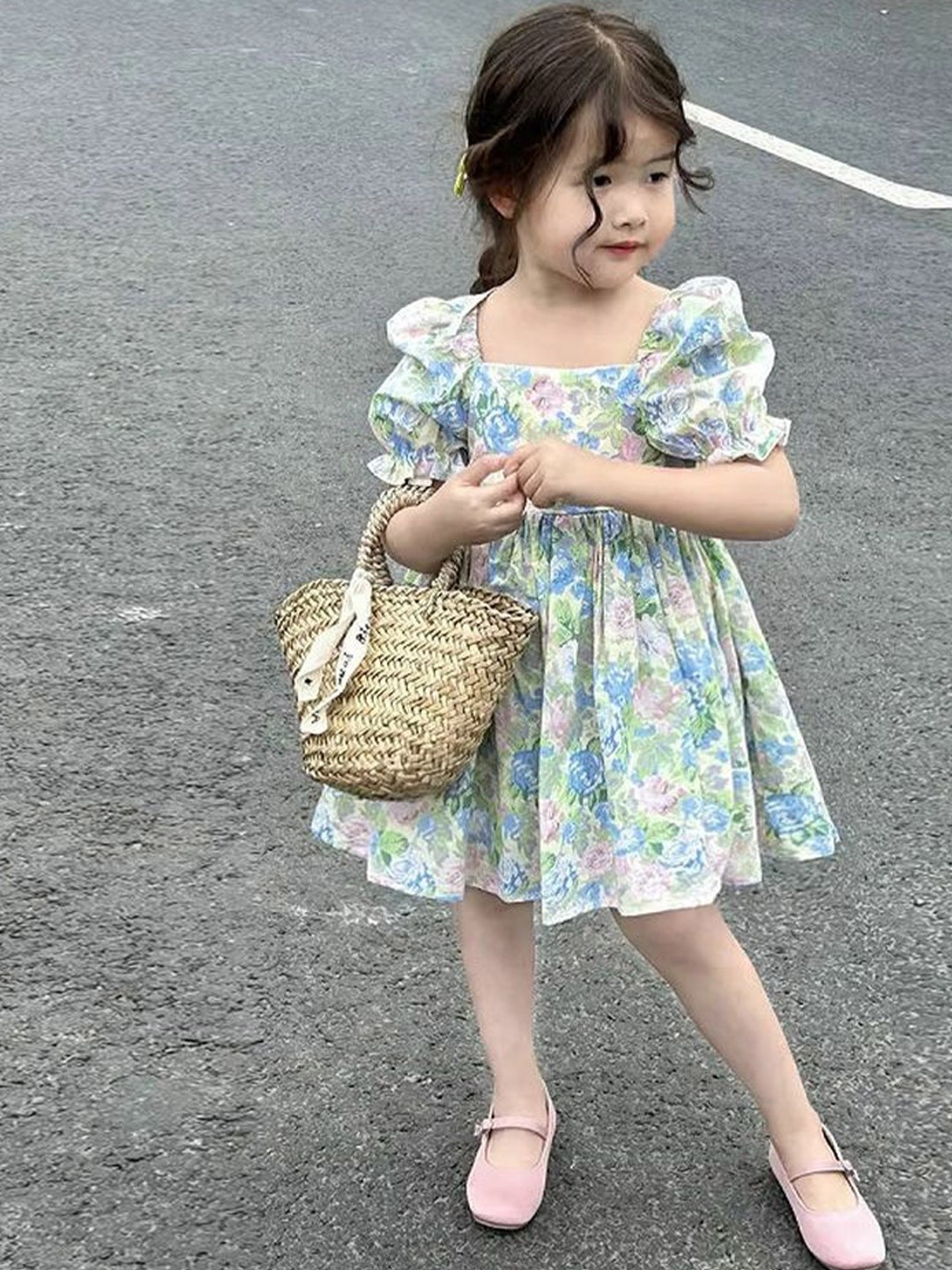 

LULU & SKY Girls Floral Printed Puff Sleeve Fit & Flare Dress, Green