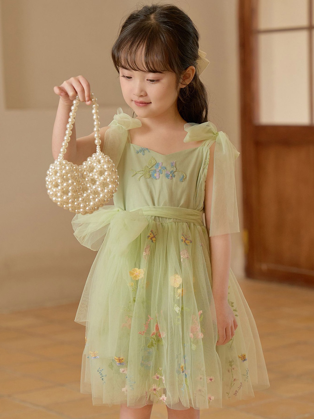 

LULU & SKY Girls Floral Printed Fit & Flare Cotton Dress, Green