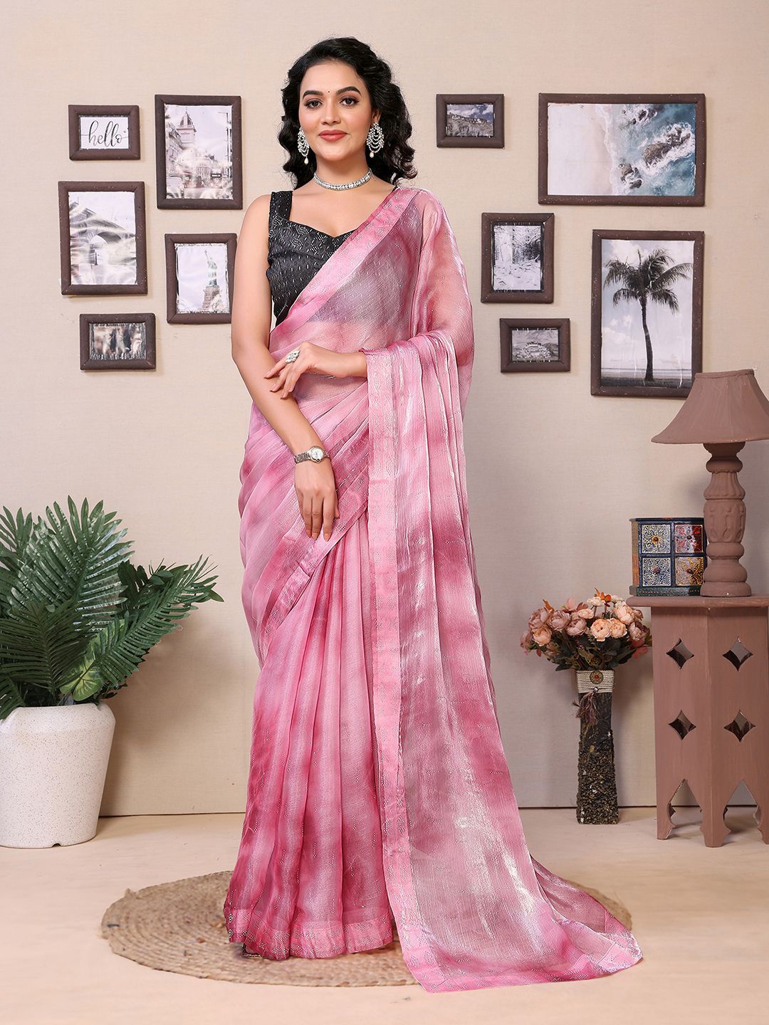 

Panzora Embellished Beads and Stones Jimmychoo Saree With Unstitched Blouse Piece, Pink