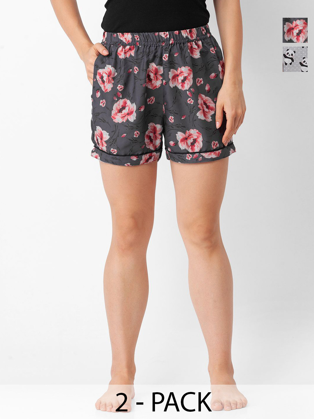 

NOIRA Women Pack Of 2 Printed Lounge Shorts, Black