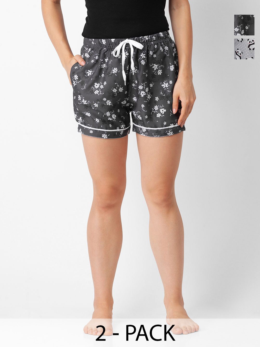 

NOIRA Women Pack Of 2 Printed Lounge Shorts, Black