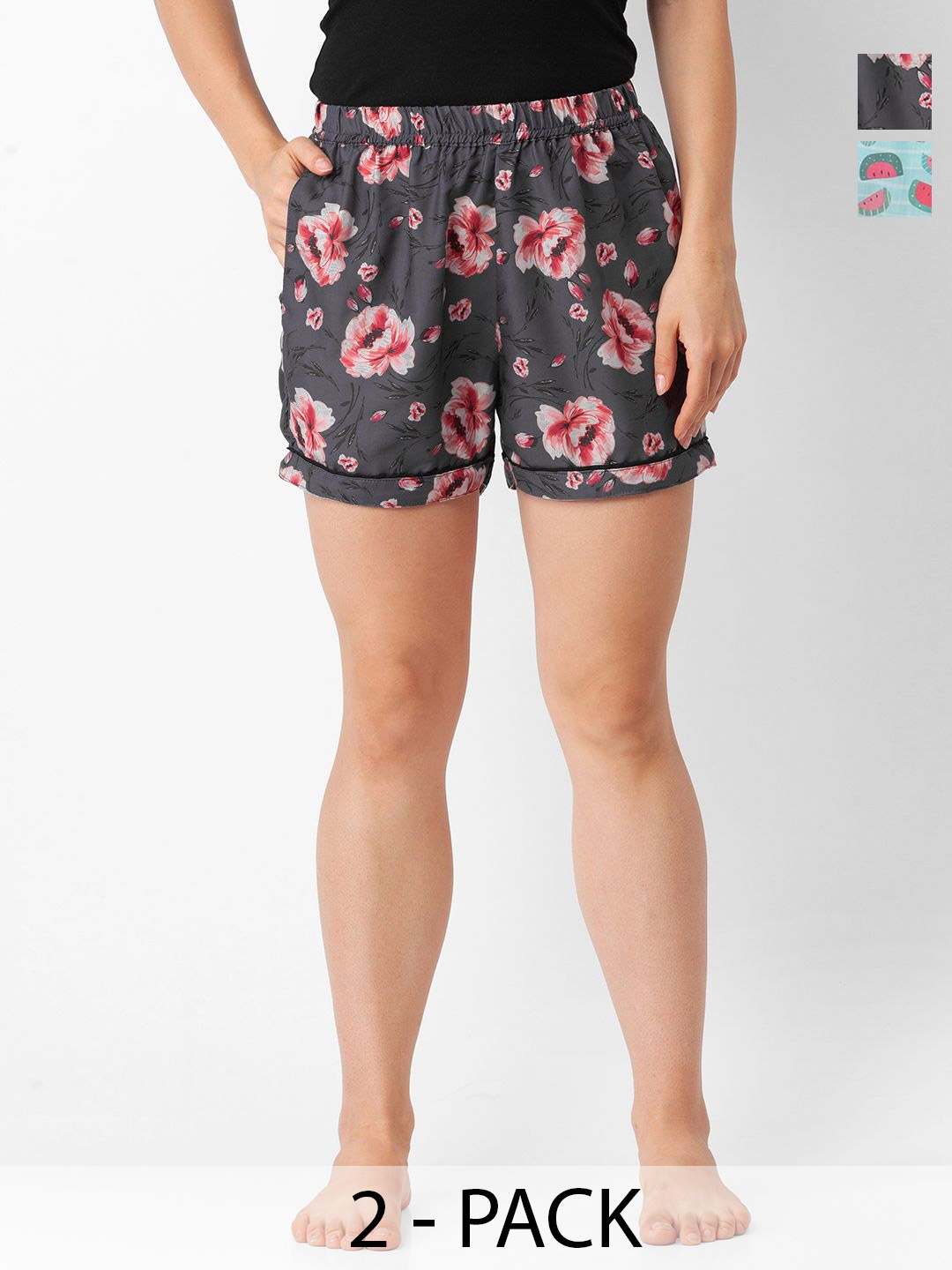 

NOIRA Women Pack Of 2 Floral Printed Lounge Shorts, Blue