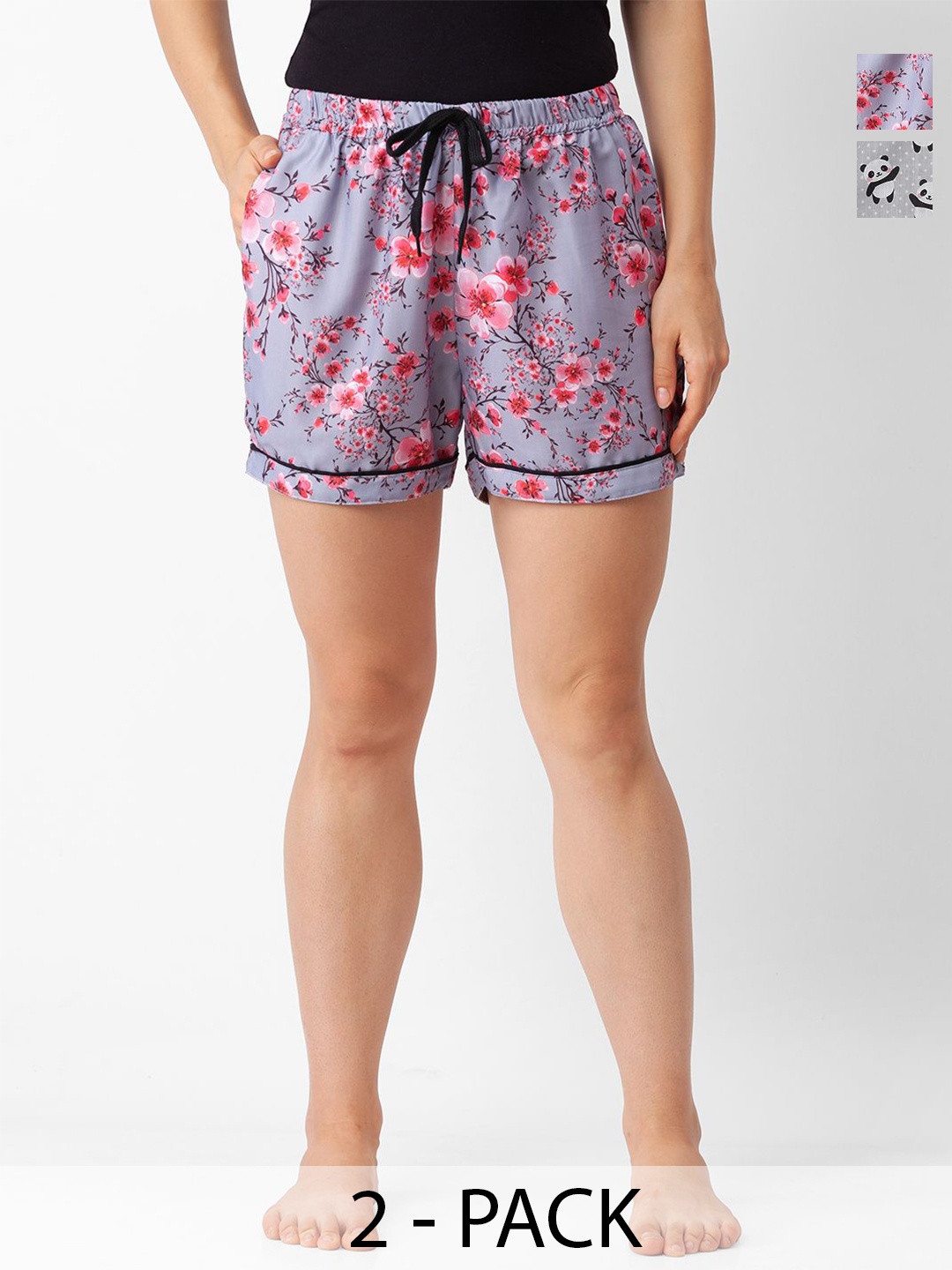 

NOIRA Women Pack Of 2 Printed Mid-Rise Lounge Shorts, Grey