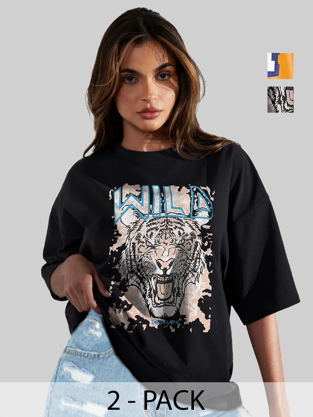 

Leotude Women Pack Of 2 Graphic Printed Round Neck Cotton Oversized T-shirts, Mustard