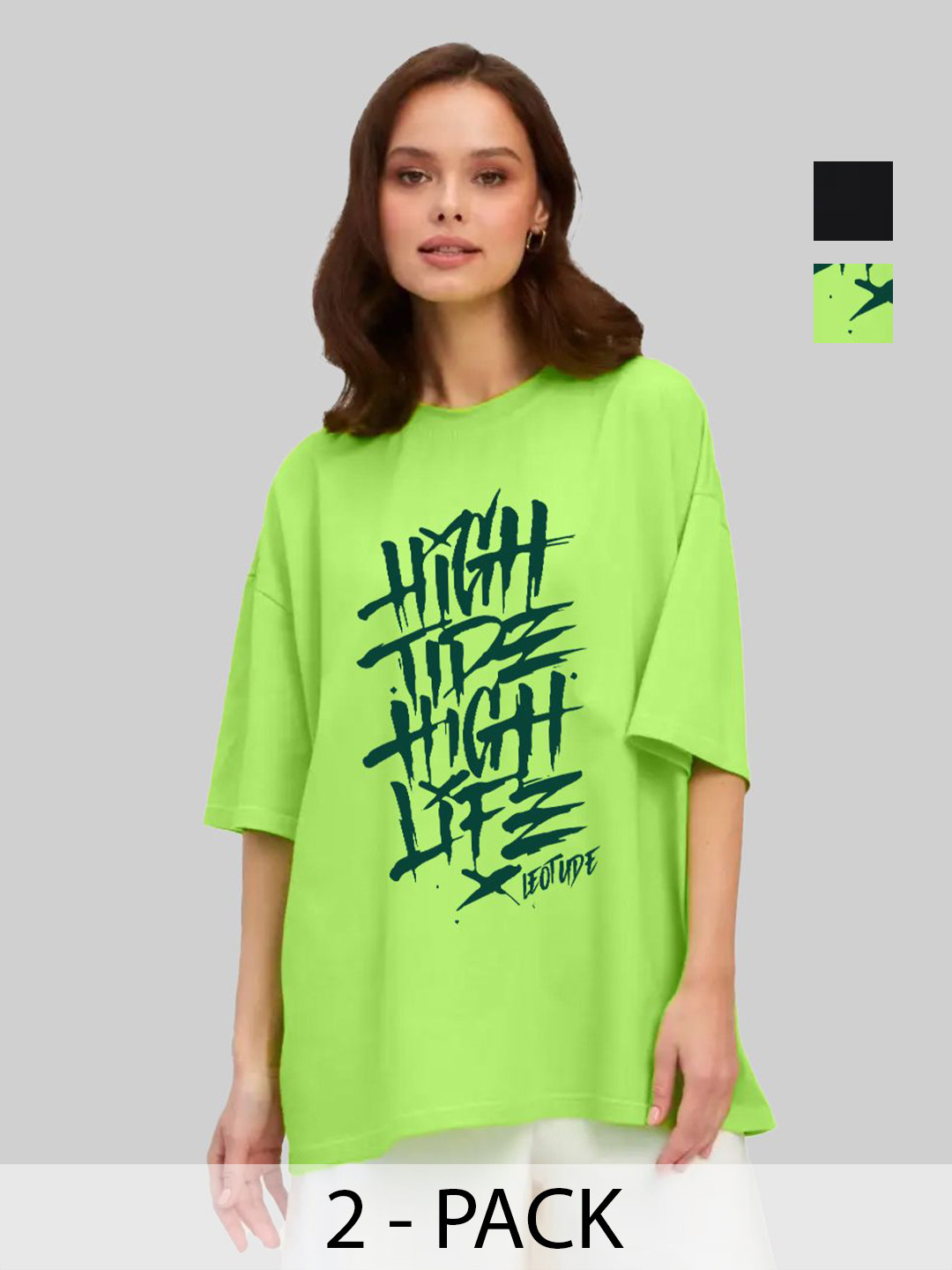 

Leotude Women Pack Of 2 Typography Printed Round Neck Cotton Oversized T-shirts, Green