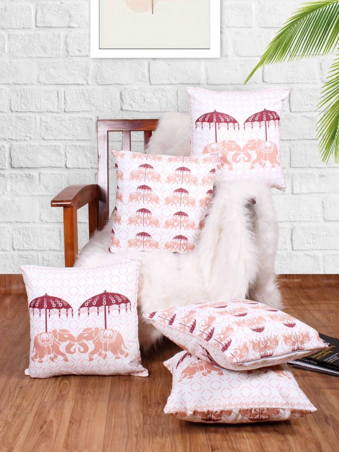 

STITCHNEST Orange & White 5 Pieces Ethnic Motifs Square Cushion Covers