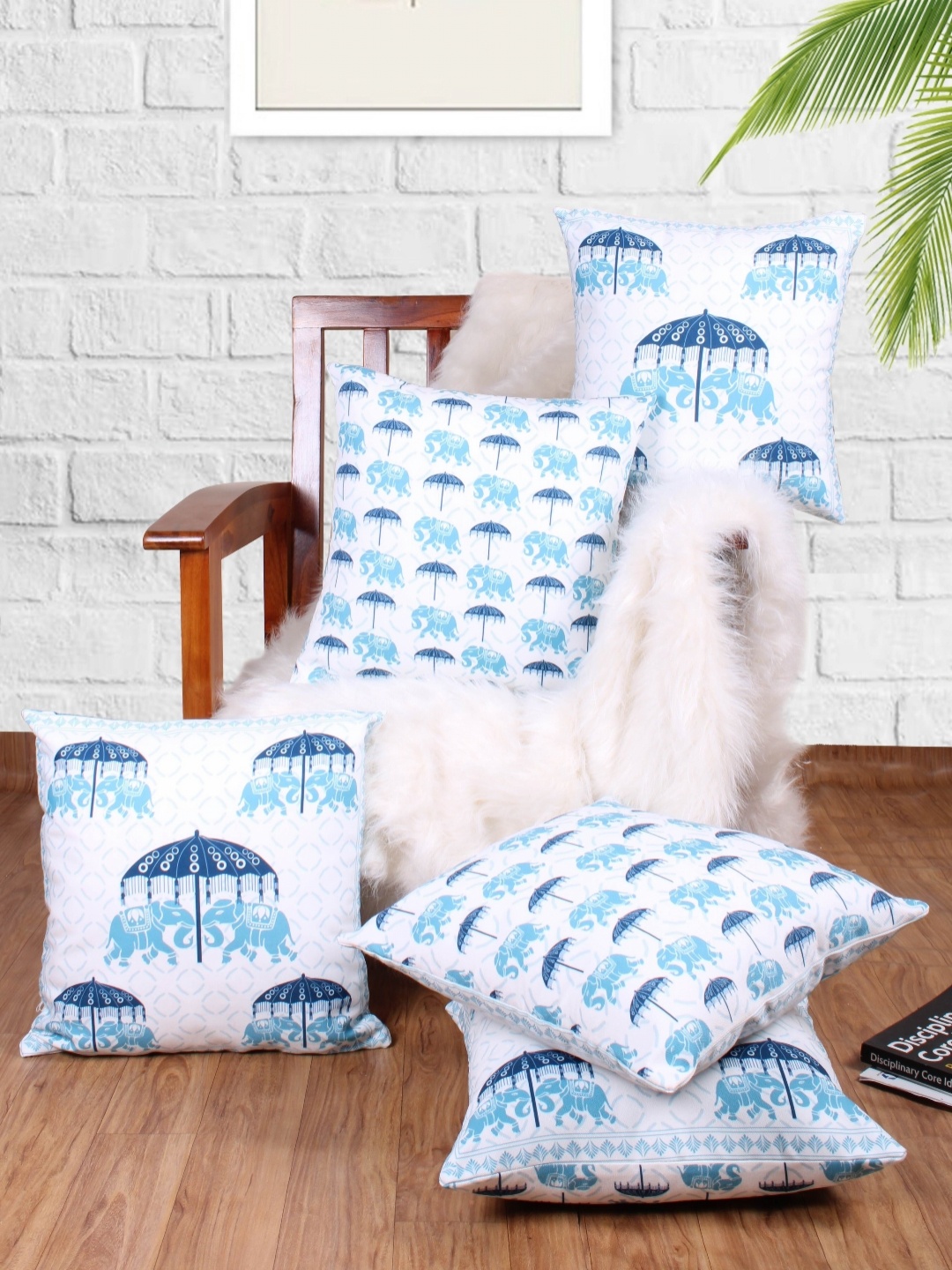 

STITCHNEST Blue & White 5 Pieces Ethnic Motifs Square Cushion Covers