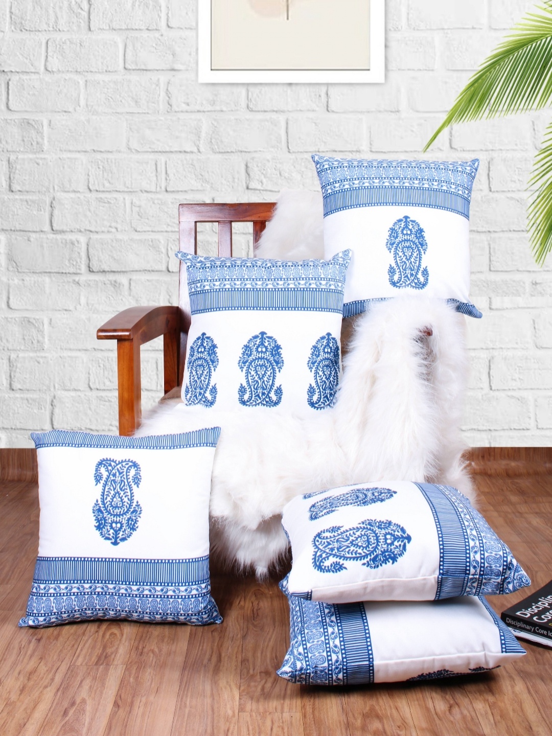 

STITCHNEST Blue & White 5 Pieces Ethnic Motifs Square Cushion Covers