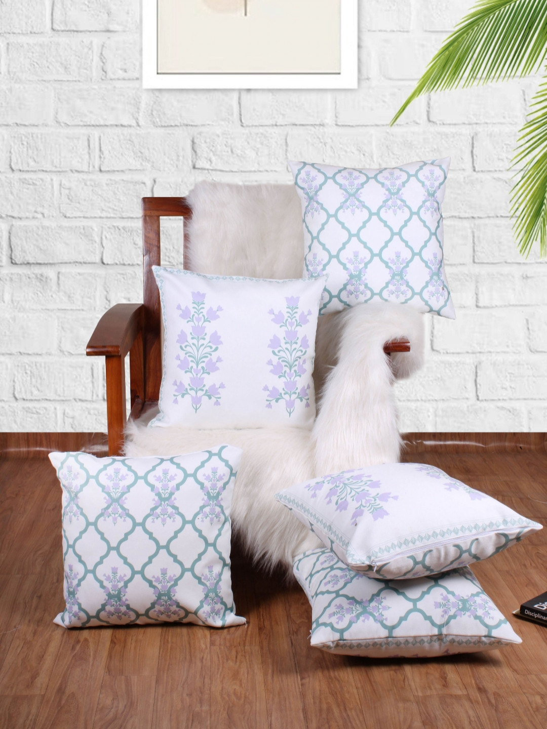 

STITCHNEST Lavender & White 5 Pieces Ethnic Motifs Square Cushion Covers