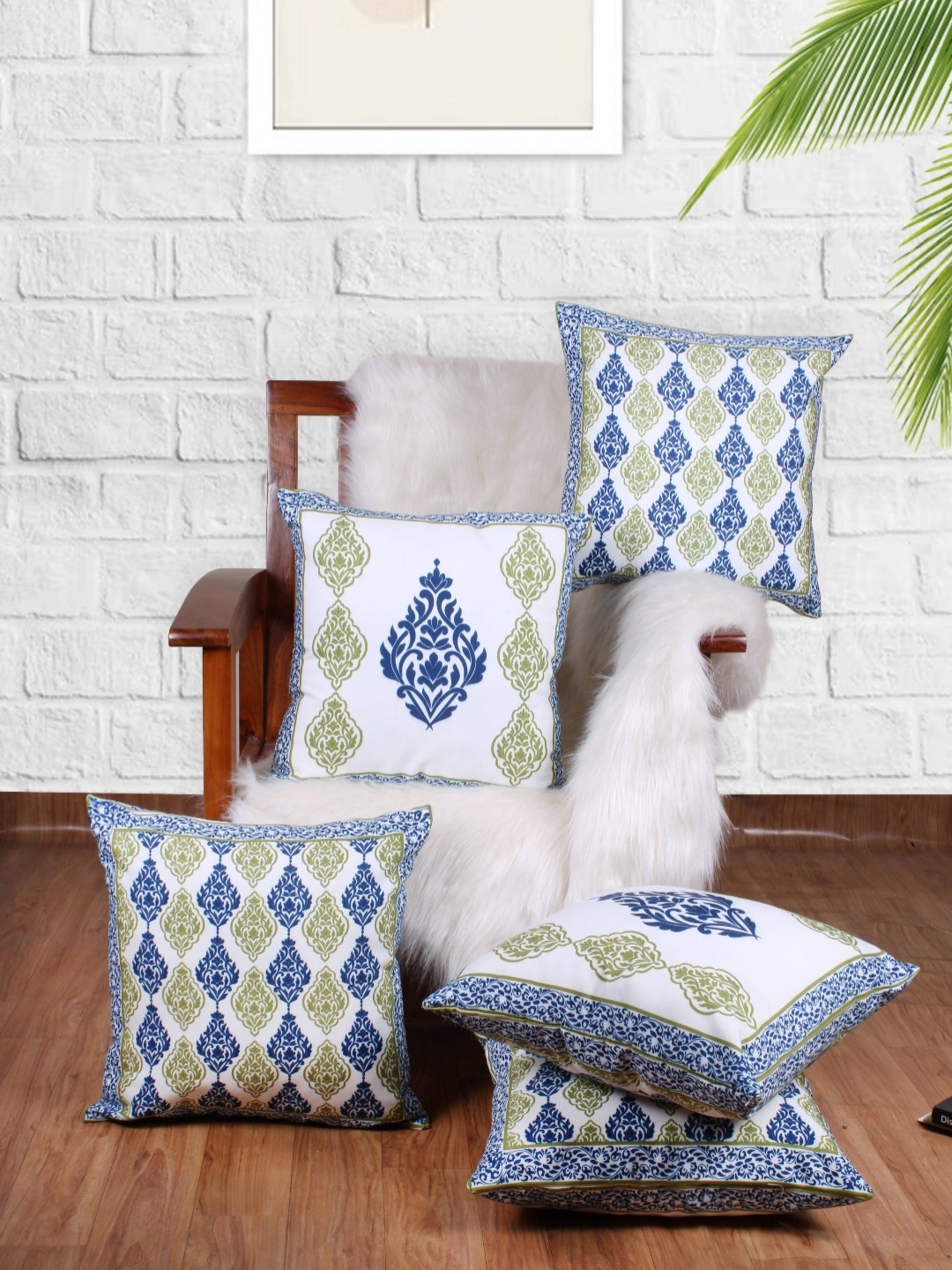 

STITCHNEST Olive Green & White 5 Pieces Ethnic Motifs Square Cushion Covers