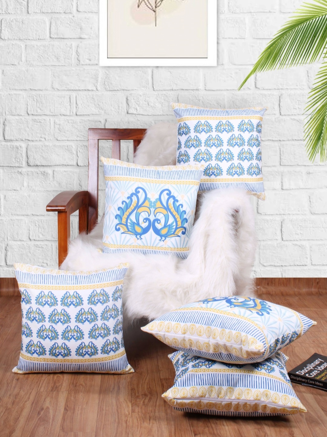 

STITCHNEST Blue & White 5 Pieces Ethnic Motifs Square Cushion Covers