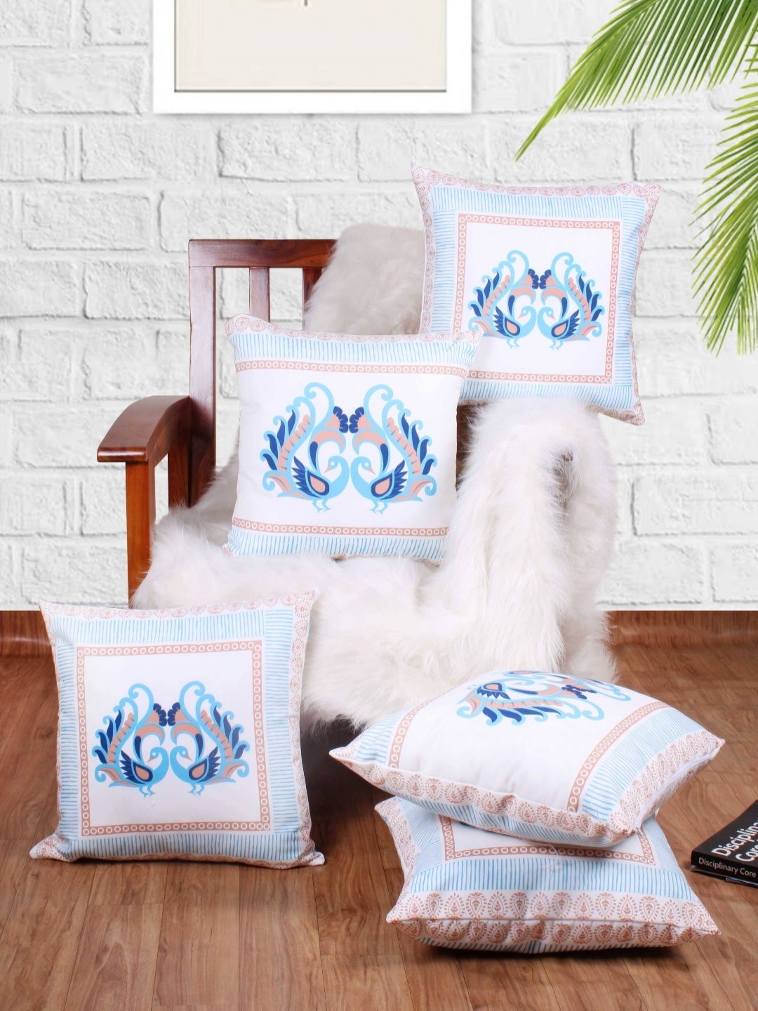 

STITCHNEST Blue & White 5 Pieces Ethnic Motifs Square Cushion Covers