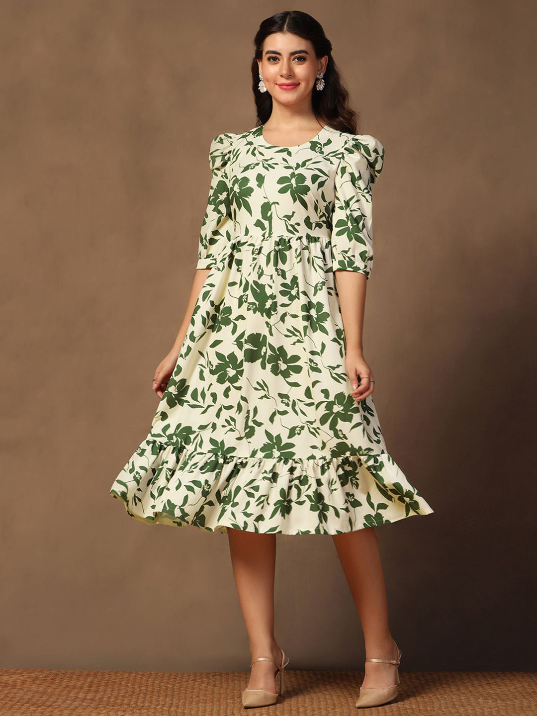 

OMPAX Floral Printed Puff Sleeve Fit & Flare Midi Dress, White