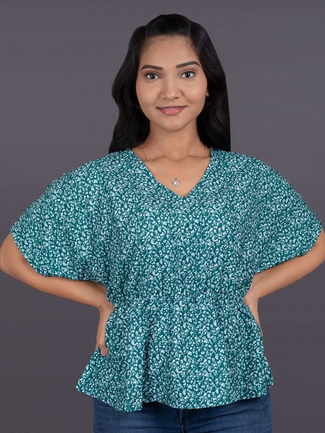 

La Aimee Women Floral Printed Flared Sleeves Peplum Top, Green