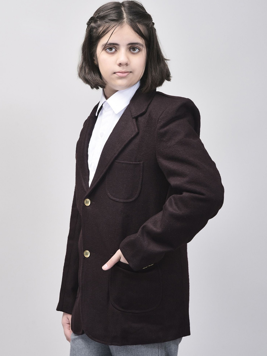 

Noty Kids Notched Lapel Button Closure Woollen Formal Blazer, Brown