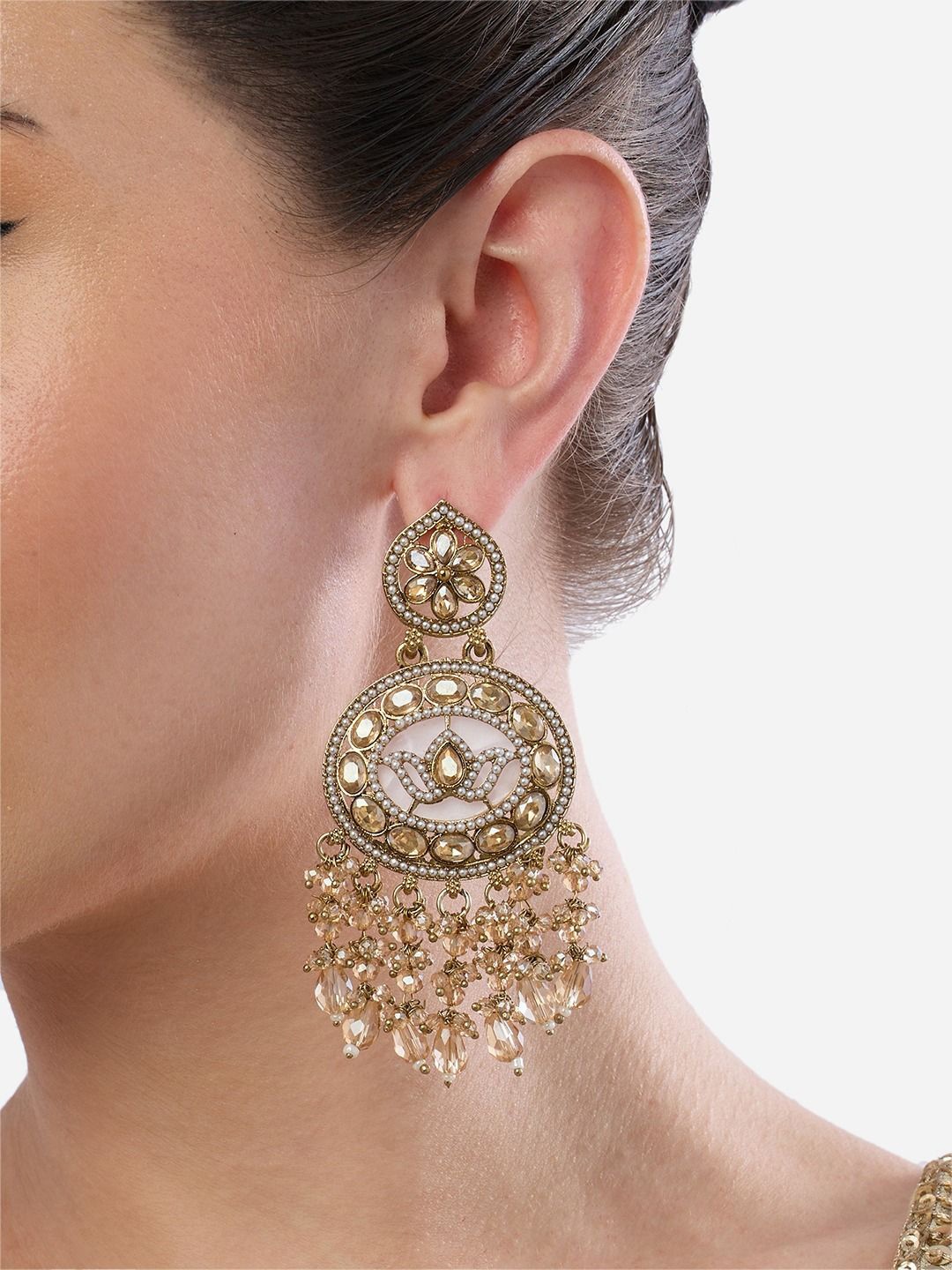 

Zaveri Gold-Plated Artificial Stones Studded and Pearls Beaded Drop Earrings