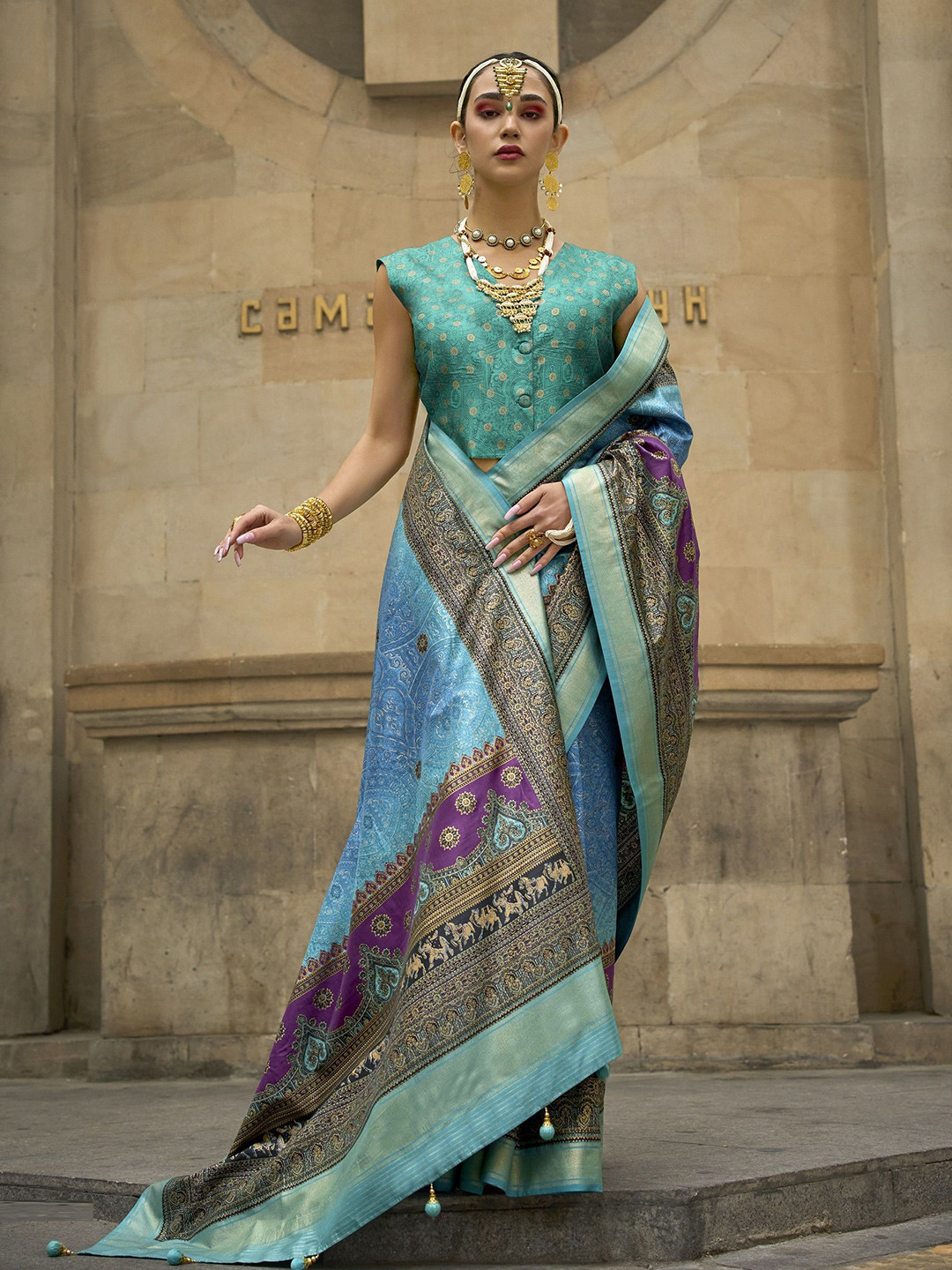 

MAHALASA Ethnic Motifs Kanchipuram Saree, Turquoise blue
