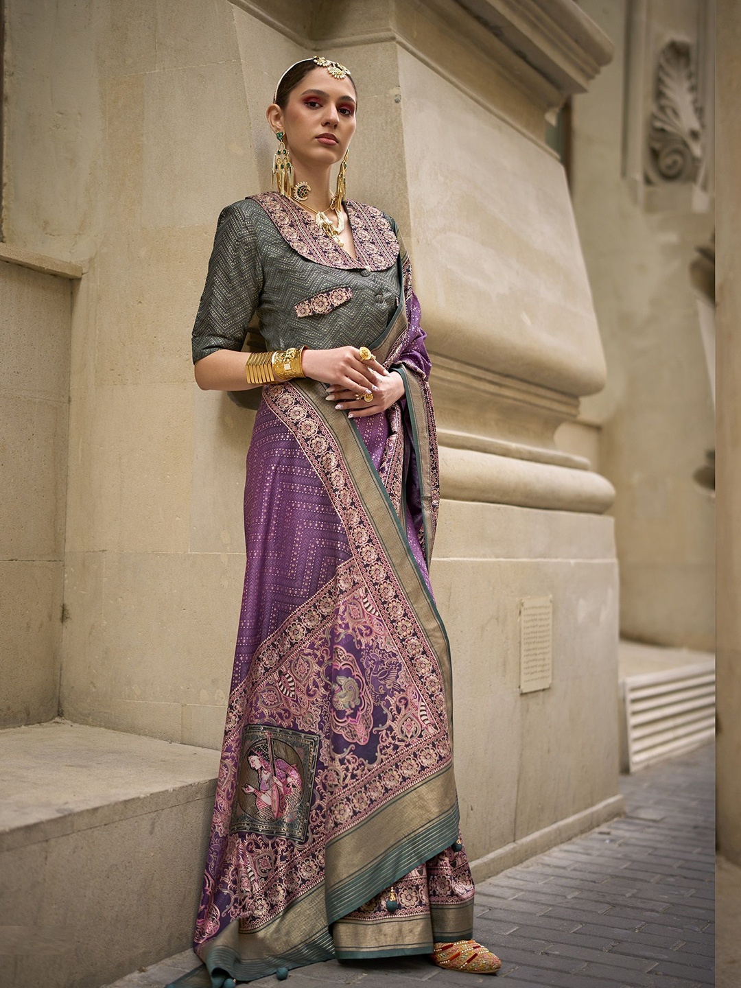 

MAHALASA Ethnic Motifs Printed Zari Kanjeevaram Saree, Purple