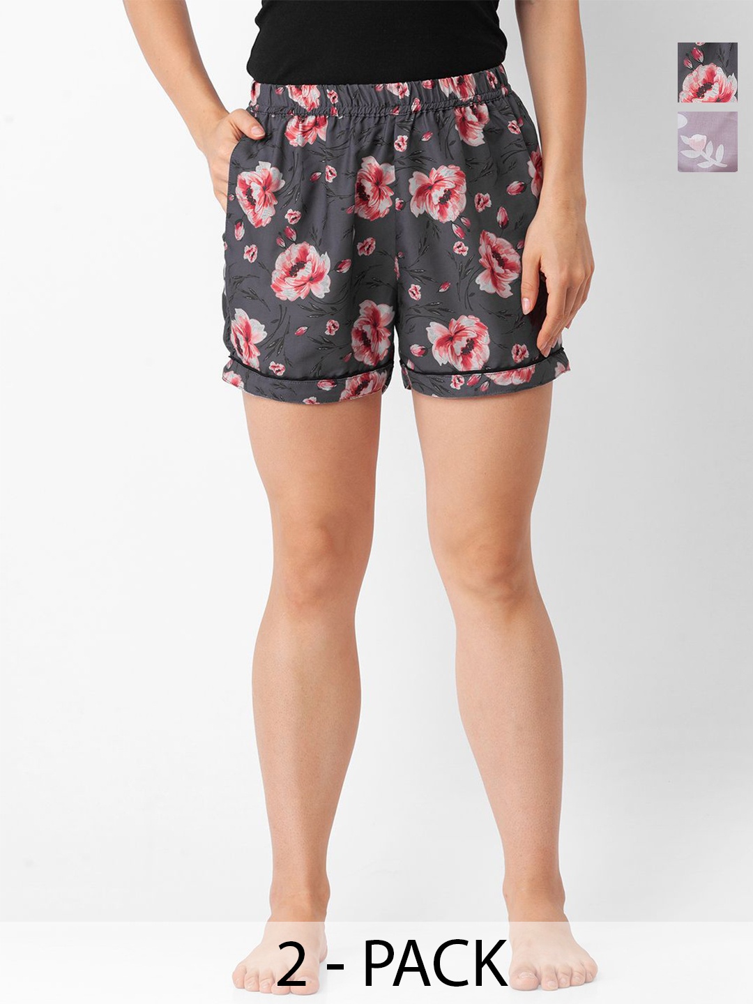 

NOIRA Women Pack of 2 Printed Mid-Rise Lounge Shorts, Black