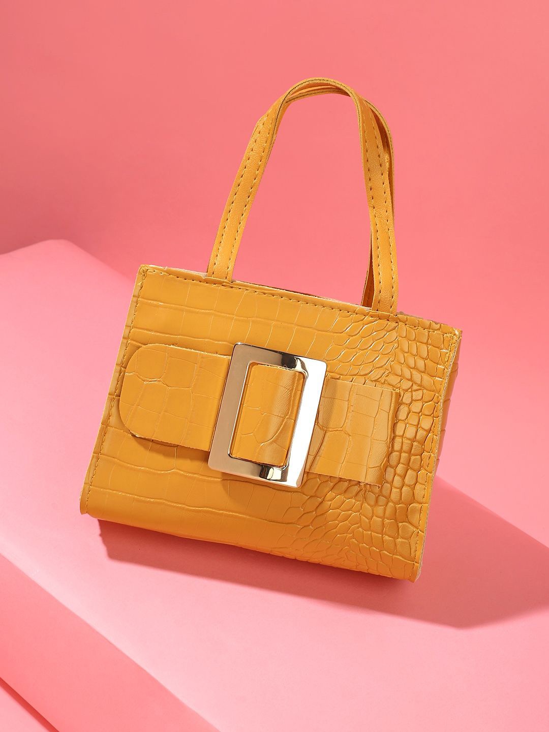 

HAUTE SAUCE by Campus Sutra Women Textured Structured Leather Handheld Bag, Mustard