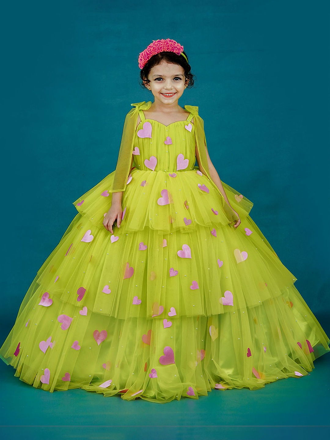 Li & Li Boutique Girls Embellished Shoulder Straps Fit and Flare Maxi Dress, Lime green