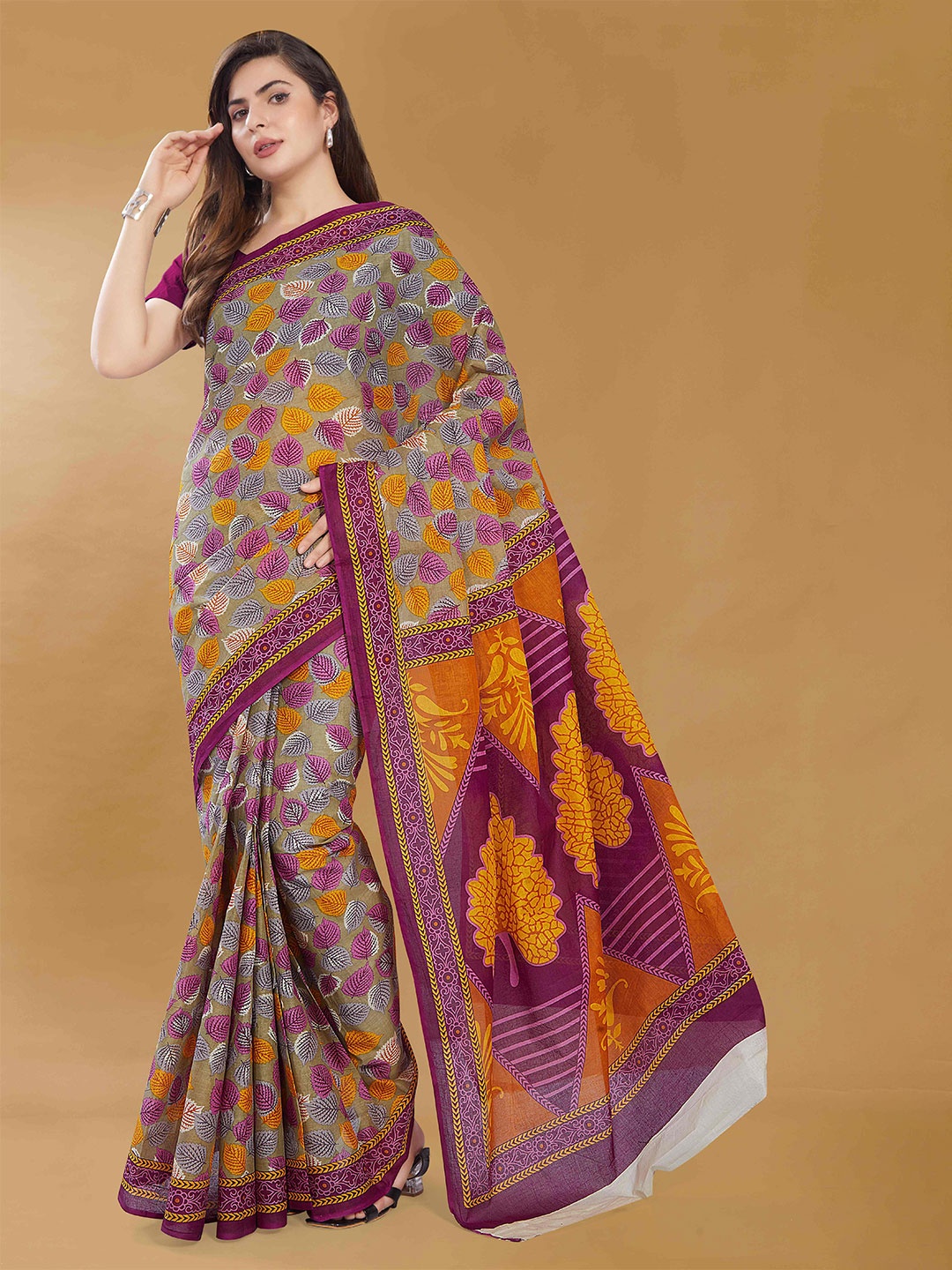 

Rani Saahiba Ethnic Motifs Printed Pure Cotton Saree, Grey