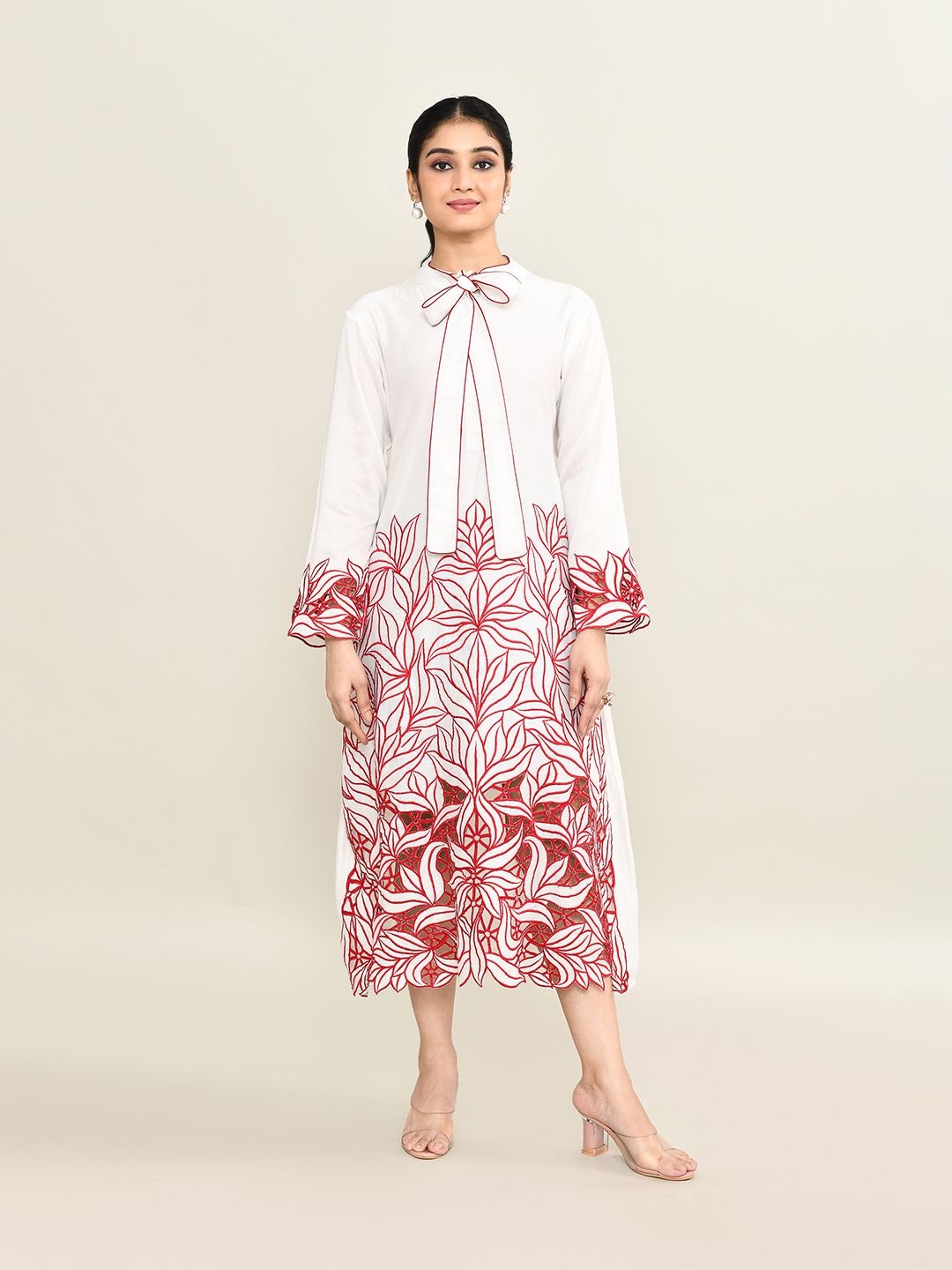 

The Maple Women Floral Embroidered Tie-Up Neck A-Line Midi Dress, White