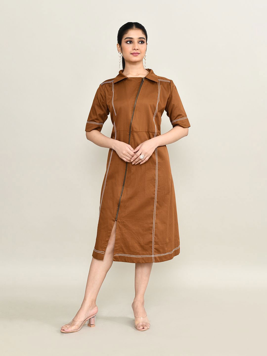 

The Maple Women Short Sleeves A-Line Midi Dress, Brown