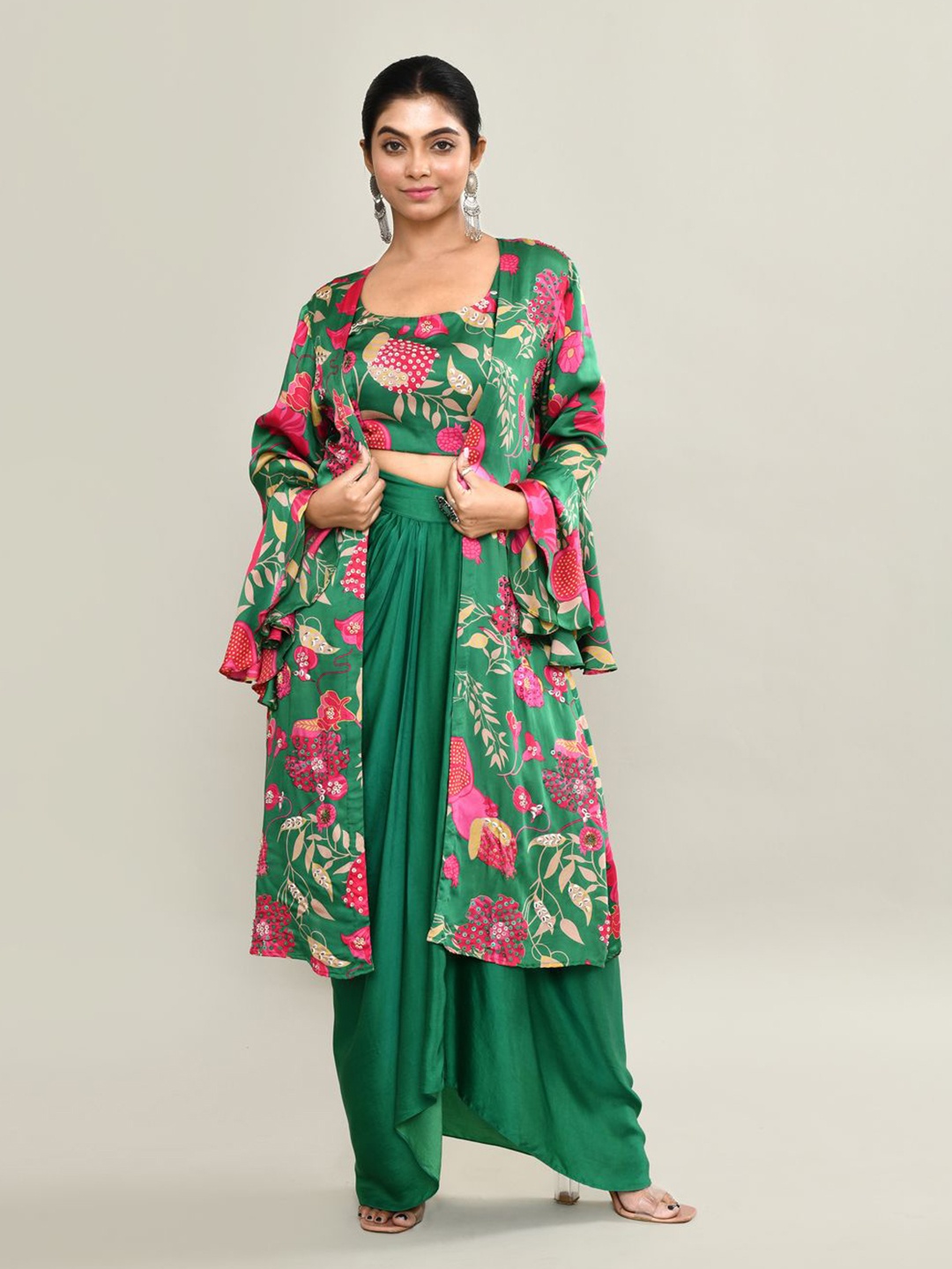 

The Maple Floral Print Bell Sleeve A-Line Maxi Dress, Green