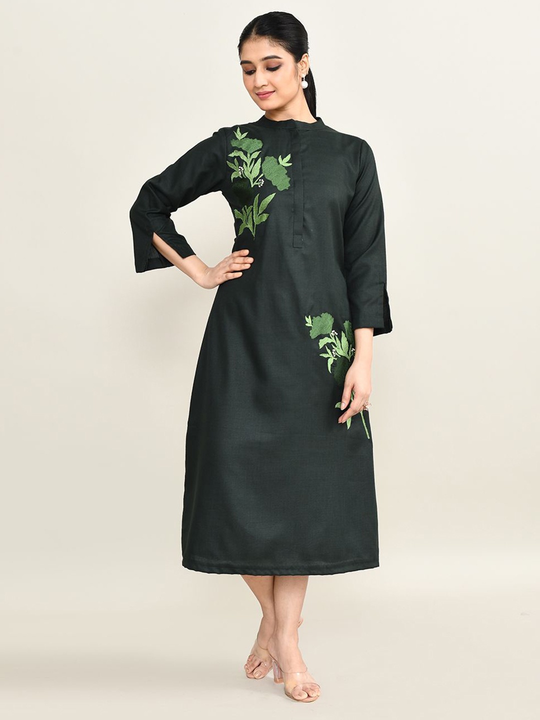 

The Maple Women Floral Embroidered A-Line Midi Dress, Black